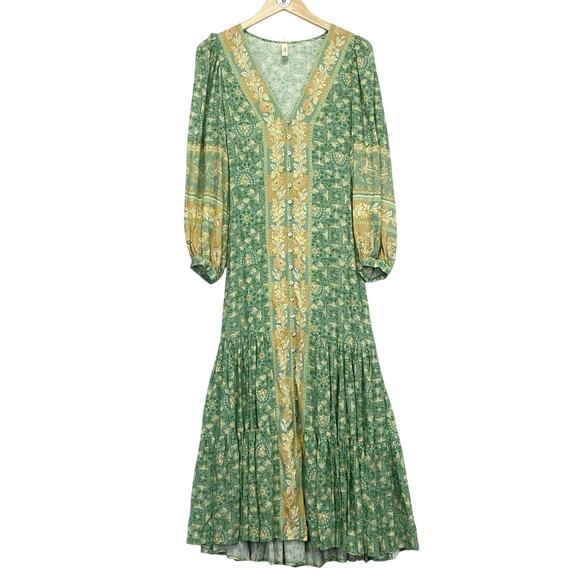 SPELL Madame Peacock Button Through Maxi Gown Emerald Green Womens XS Boho Chic - Picture 3 of 13